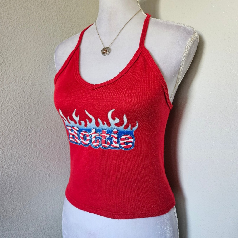 No Boundaries Red Hottie Flame Graphic Halter Top Y2K